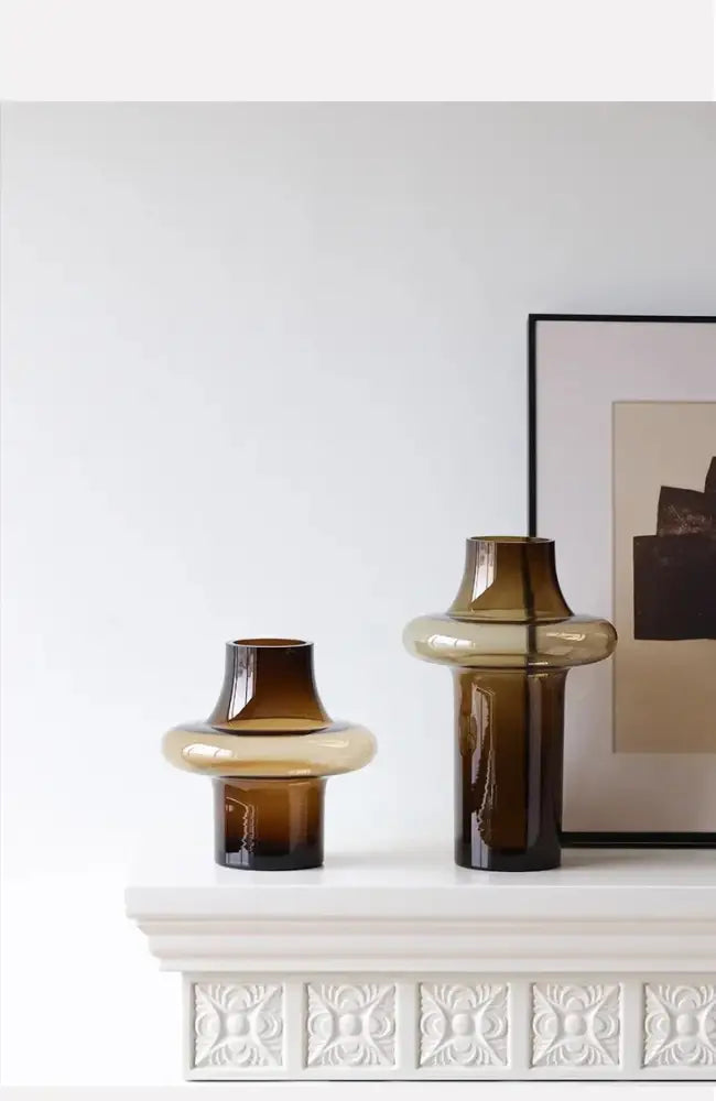 Artisan glass amber bulbous vase living room decor