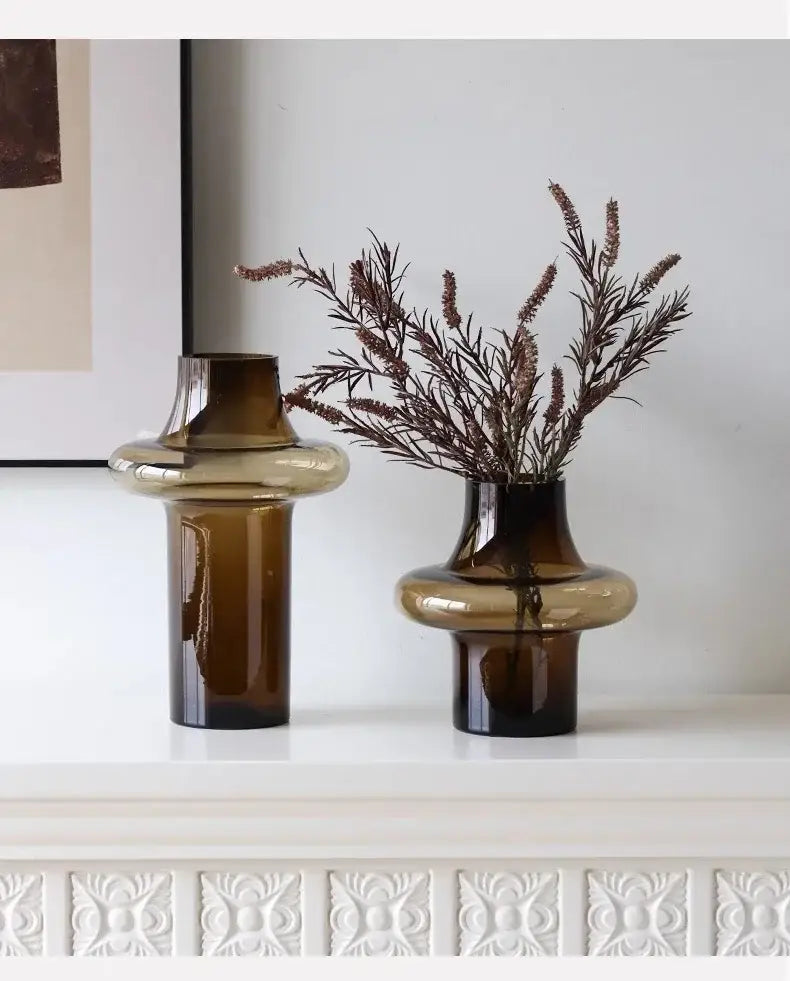 Artisan glass amber bulbous vase living room decor
