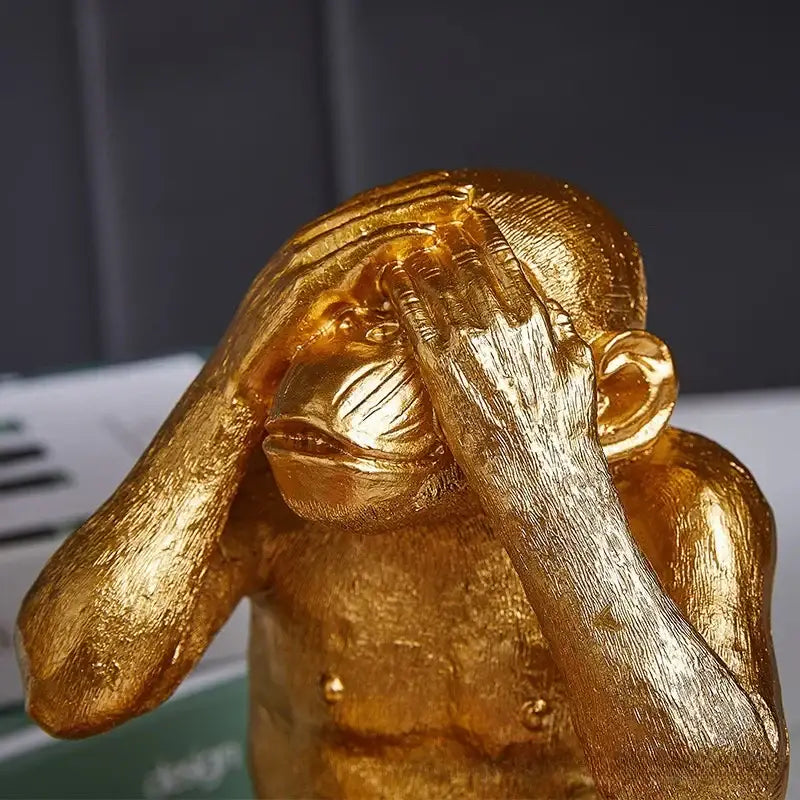 Artisanal three wise golden monkey sculpture living room decor