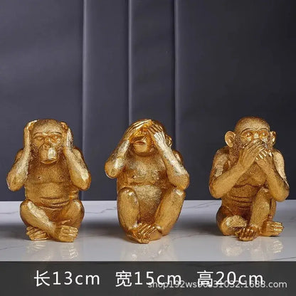 Artisanal three wise golden monkey sculpture living room decor