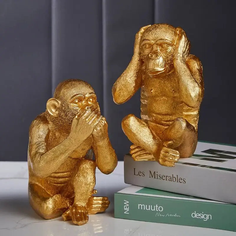 Artisanal three wise golden monkey sculpture living room decor