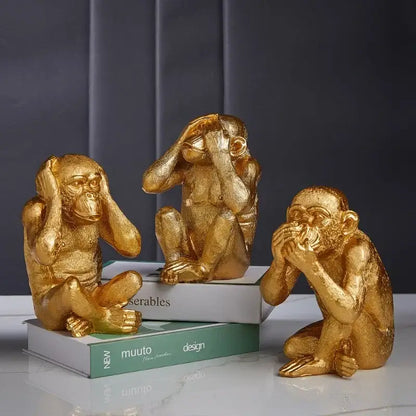 Artisanal three wise golden monkey sculpture living room decor