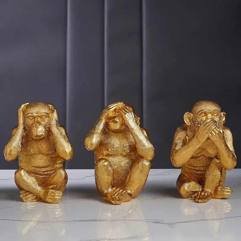 Artisanal three wise golden monkey sculpture living room decor