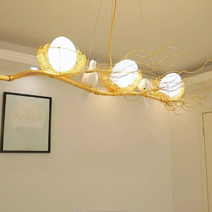 DecorBites™ Artistic 3-Light Beige Nest and Egg Island Pendant with Cream Glass Shade