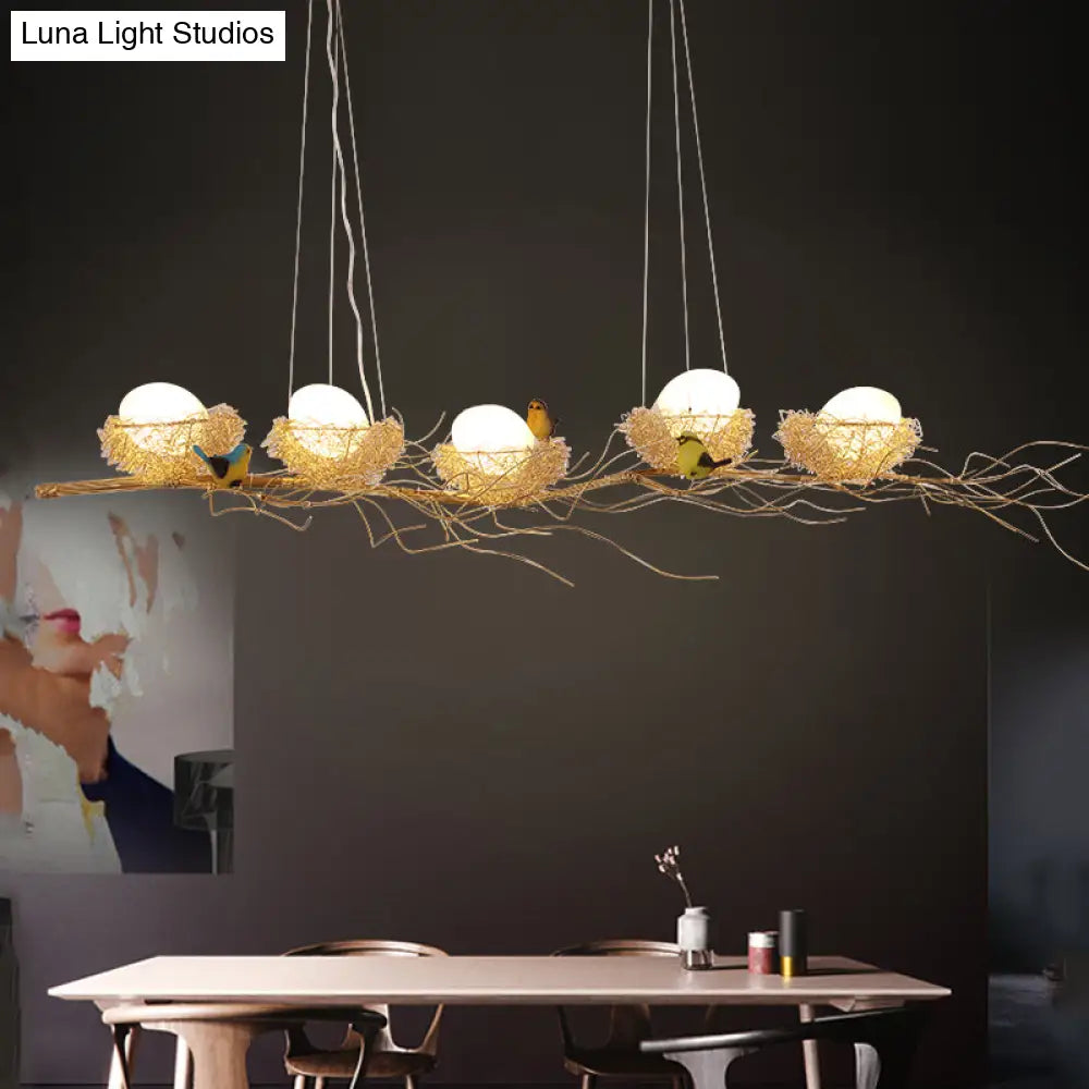 DecorBites™ Artistic Aluminum Wire Nest Island Lamp with Wood Egg and Bird: A Unique Suspension for Dining Room