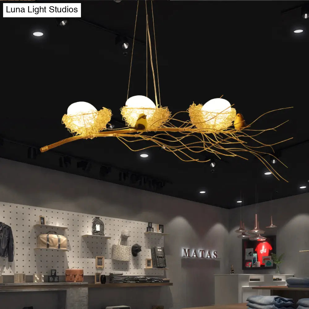 DecorBites™ Artistic Aluminum Wire Nest Island Lamp with Wood Egg and Bird: A Unique Suspension for Dining Room
