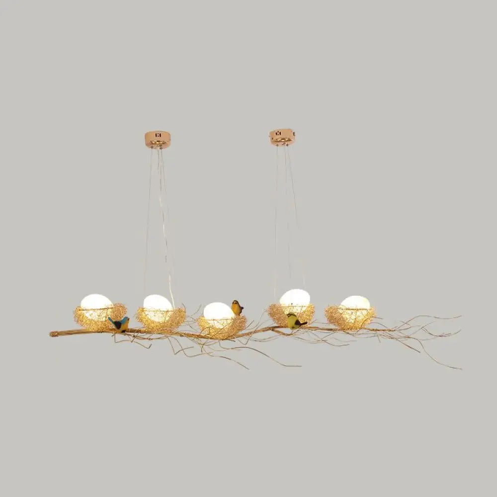 DecorBites™ Artistic Aluminum Wire Nest Island Lamp with Wood Egg and Bird: A Unique Suspension for Dining Room