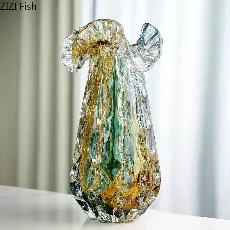 Artistic teal & gold bubble glass vase living room hydroponic decor