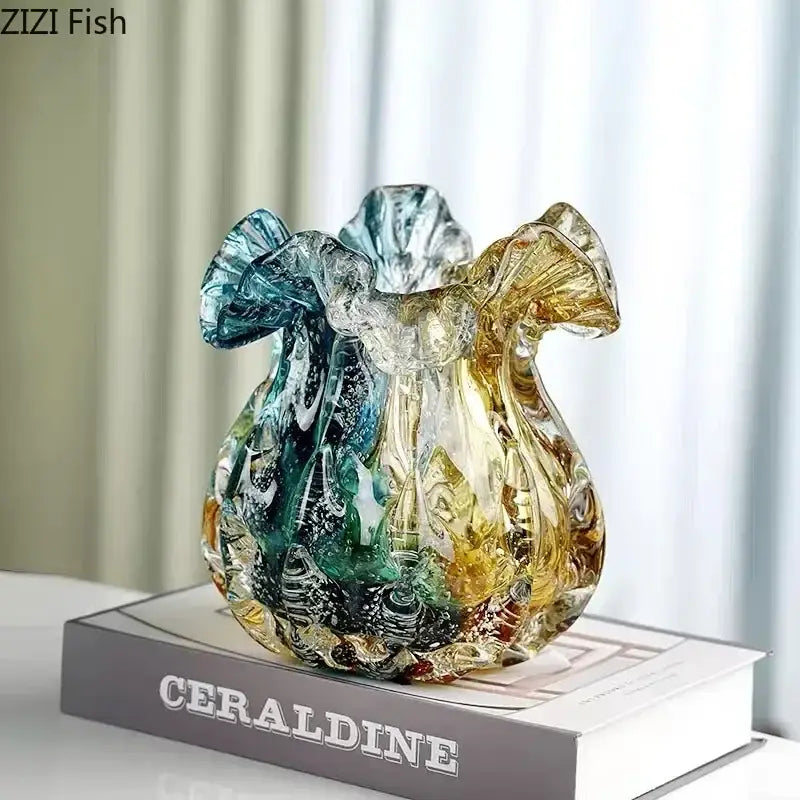 Artistic teal & gold bubble glass vase living room hydroponic decor
