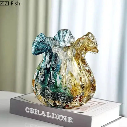 Artistic teal & gold bubble glass vase living room hydroponic decor