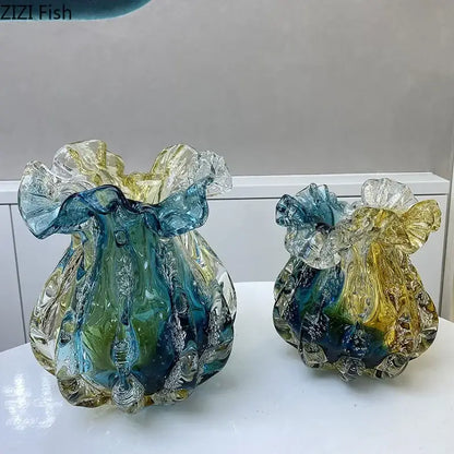 Artistic teal & gold bubble glass vase living room hydroponic decor