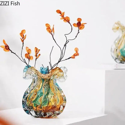 Artistic teal & gold bubble glass vase living room hydroponic decor