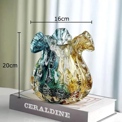 Artistic teal & gold bubble glass vase living room hydroponic decor