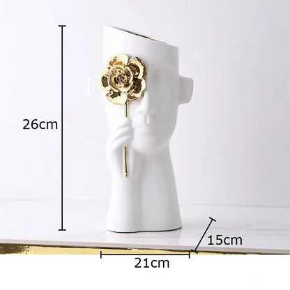 Artistic white and gold rose relief head vase bedroom decor
