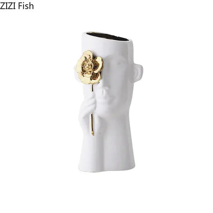 Artistic white and gold rose relief head vase bedroom decor