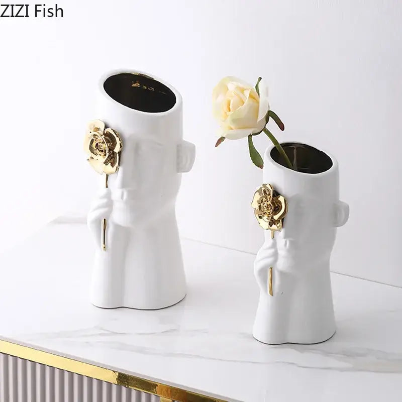 Artistic white and gold rose relief head vase bedroom decor