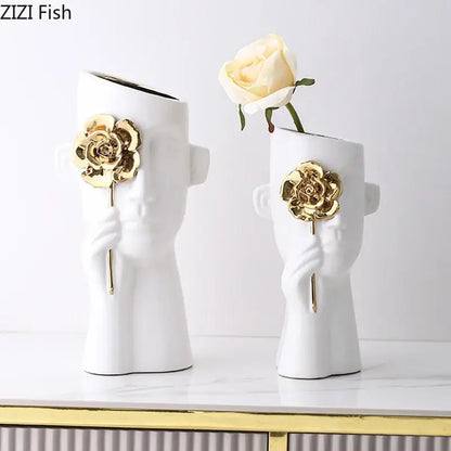 Artistic white and gold rose relief head vase bedroom decor