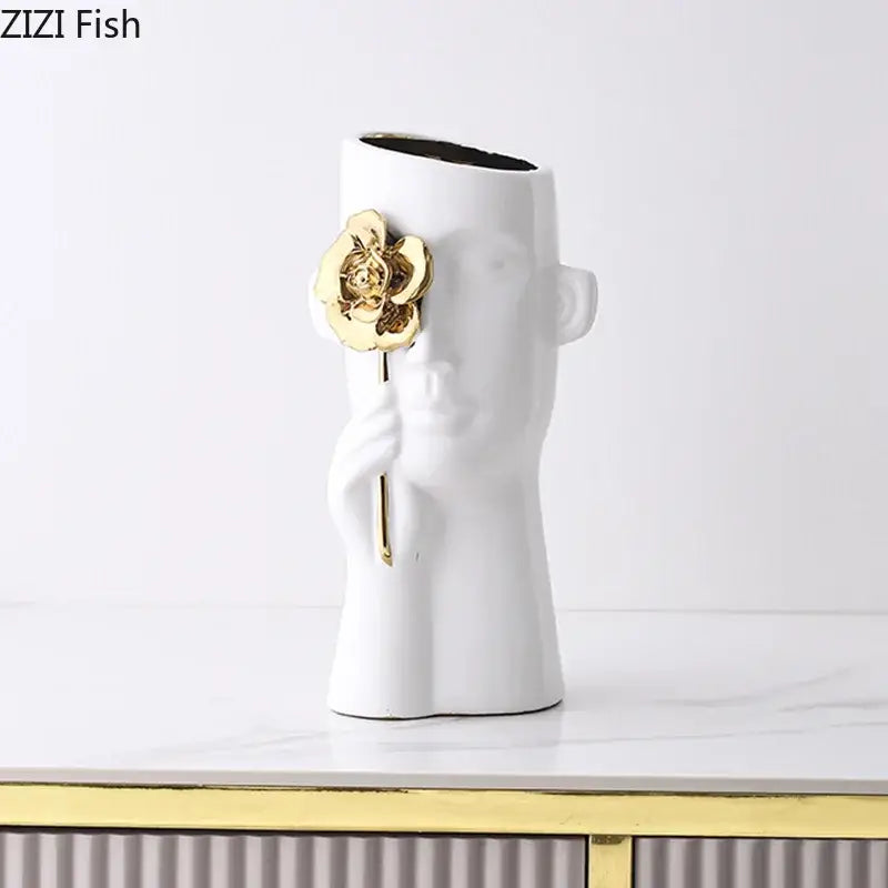 Artistic white and gold rose relief head vase bedroom decor