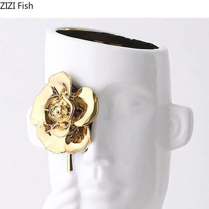 Artistic white and gold rose relief head vase bedroom decor