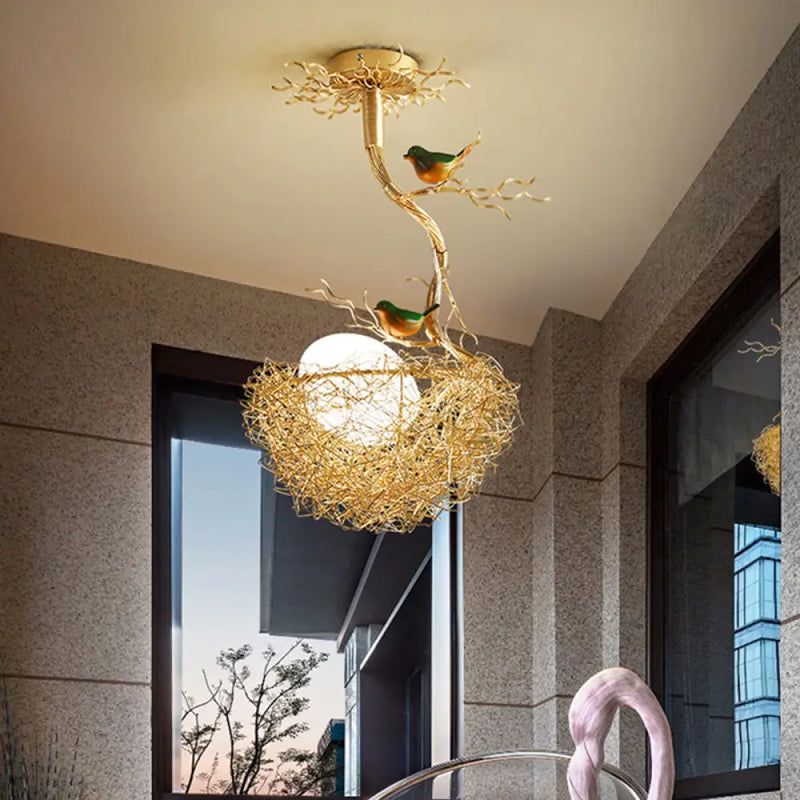 DecorBites™ Artistry Milk White Glass Ball Chandelier Pendant with Birds and Hand-Sewn Aluminum Nest - 1/2/3-Light Golden Hanging Lamp
