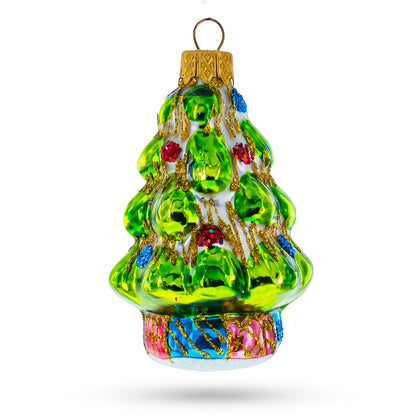 Tree Adorned with Golden Garland Glass Christmas Ornament
