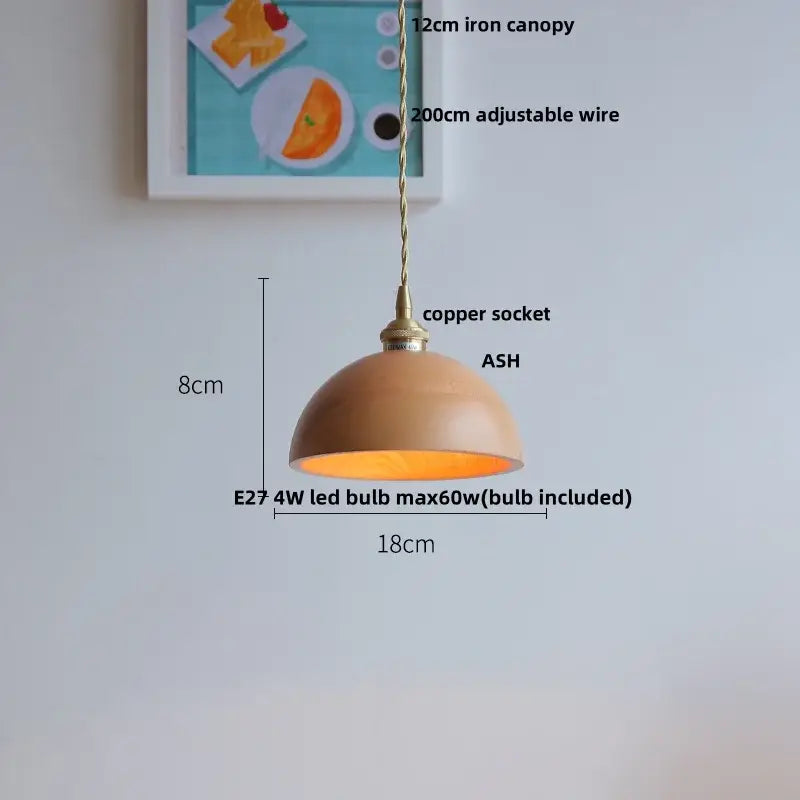 Ash wood dome pendant lamp kitchen hanging light