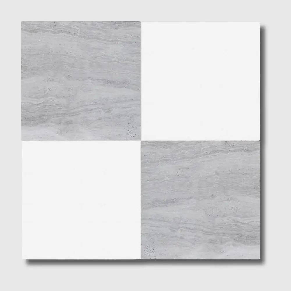 Athens Grey Light, Thassos Extra Honed Checkerboard Pattern Marble Tiles 12x12