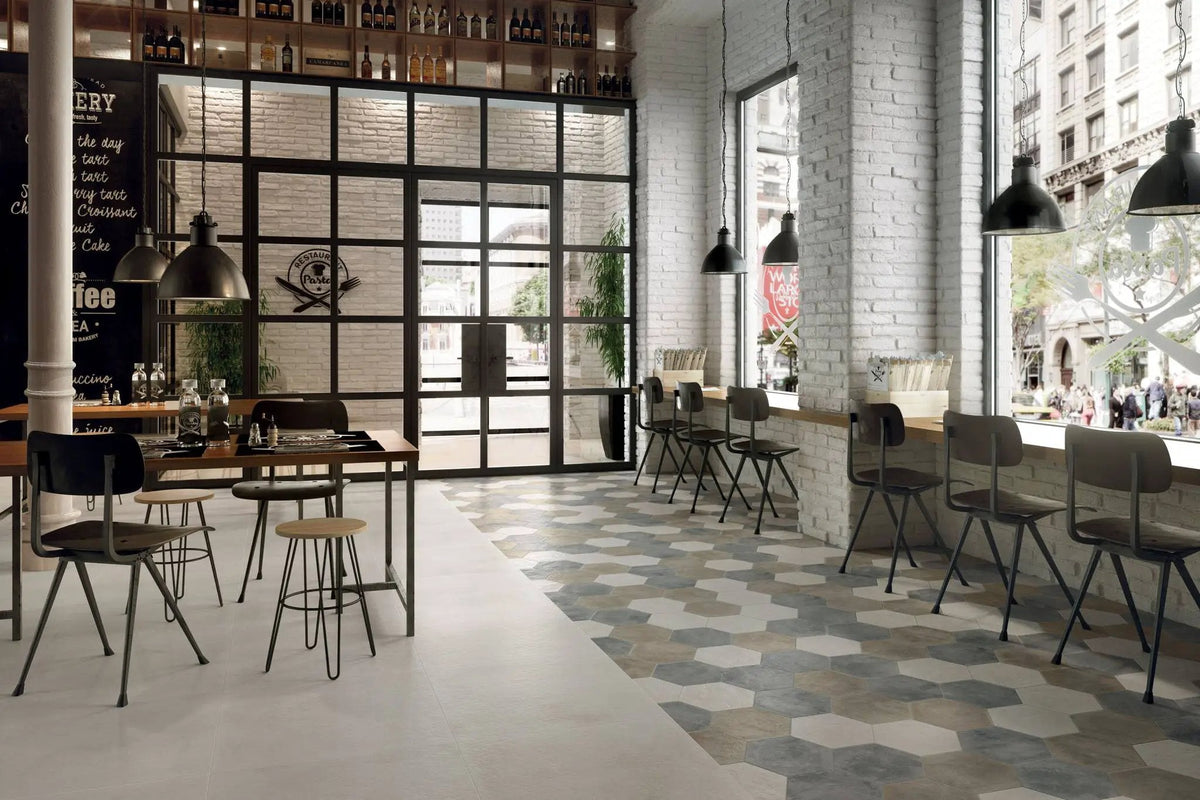 Attitude Light White Hexagon 8 1/ Concrete Look Porcelain Tiles 8.5x10