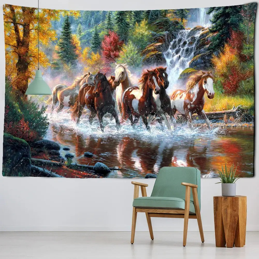 Autumn nature galloping horse tapestry wall hanging living room decor