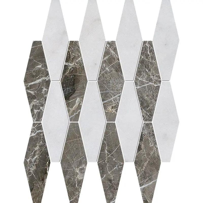 Calacatta T, Pebble Grey Polished Rhomboid Blend Marble Mosaics 11x14 15/16