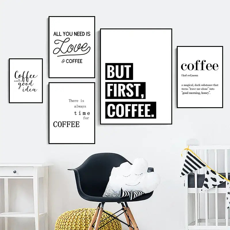 Awakened aromas canvas print black & white kitchen coffee wall art