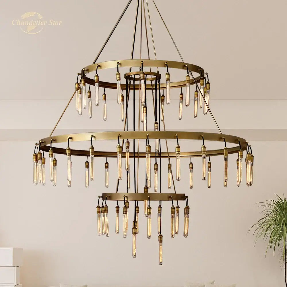 Axis black brass led round chandelier living room glass tube light