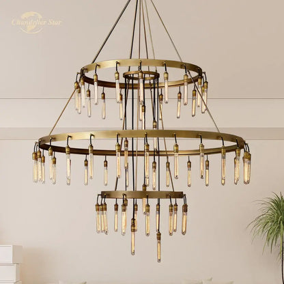 Axis black brass led round chandelier living room glass tube light
