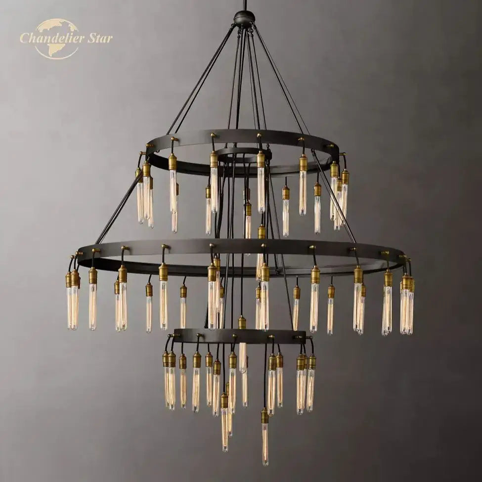 Axis black brass led round chandelier living room glass tube light