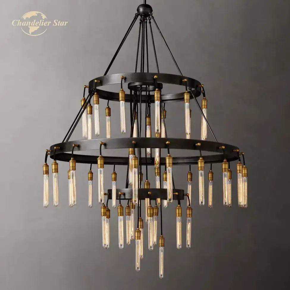 Axis black brass led round chandelier living room glass tube light
