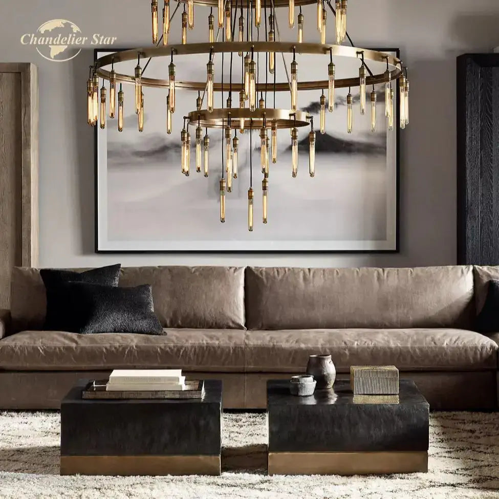 Axis black brass led round chandelier living room glass tube light