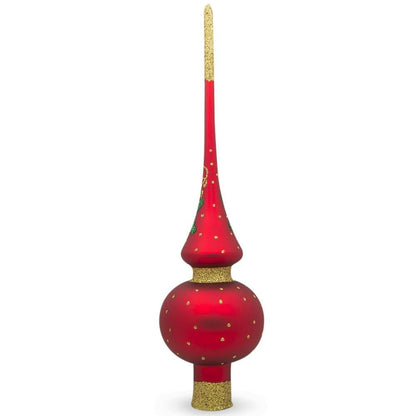 Santa Face & Green Holly Red & Gold Glitter Glass Christmas Tree Topper 11 Inches