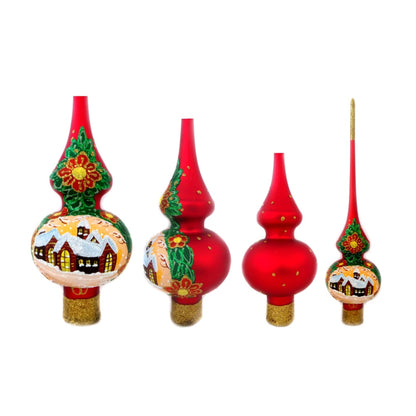 Snow Covered Winter Village Red Glass Christmas Tree Topper 11 Inches