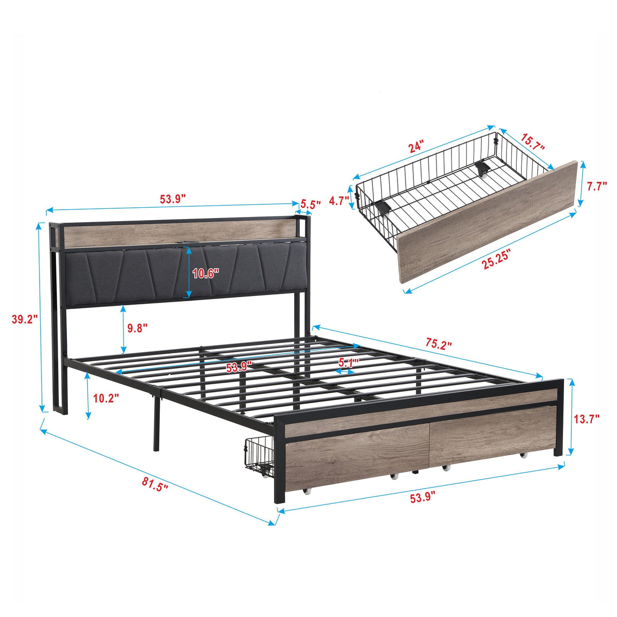 Modern Bed Frame With LED Lights, Upholstered Headboard, USB Charging