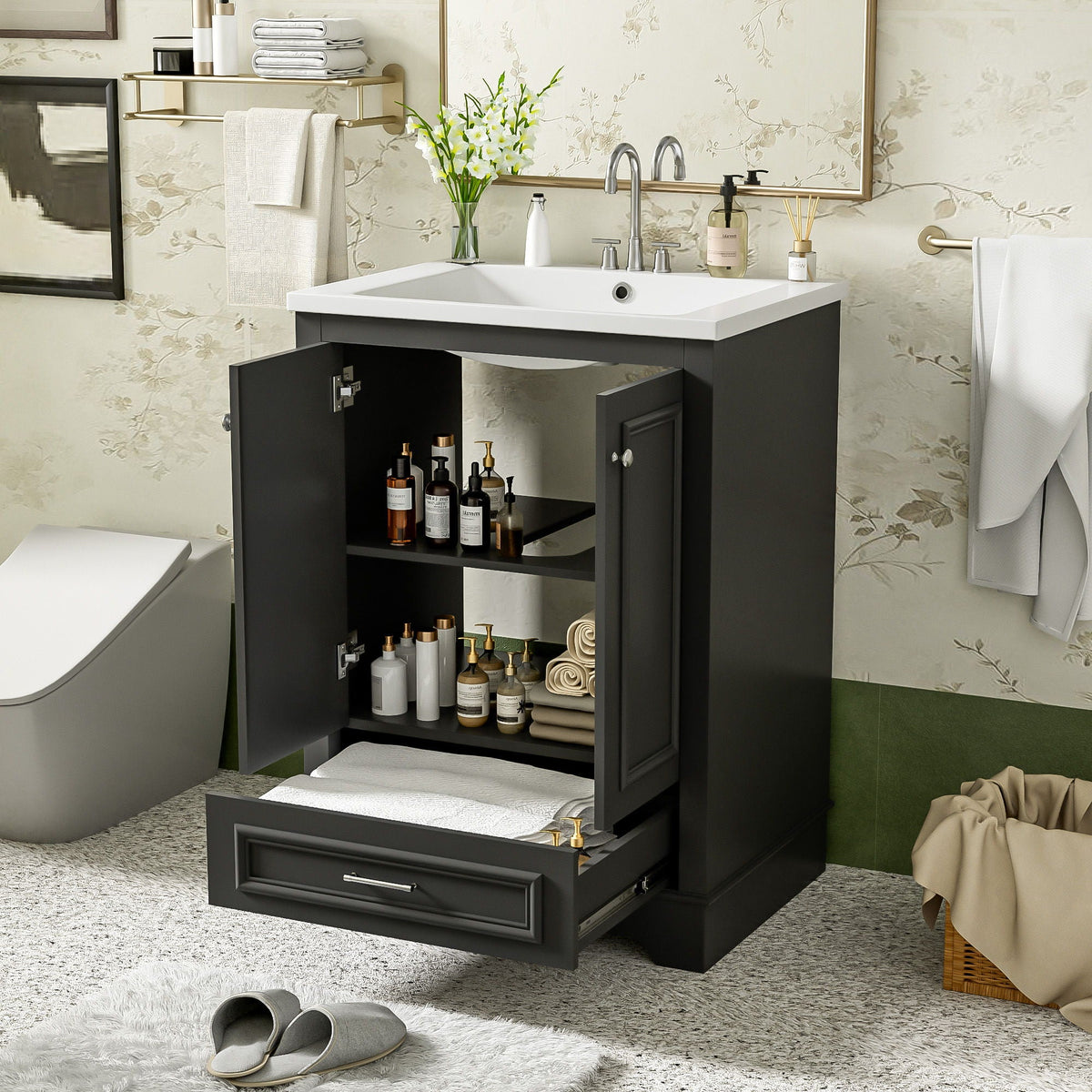 Bathroom Vanity With Ceramic Sink Combo, Modern Freestanding Storage Cabinet With Silver Handles