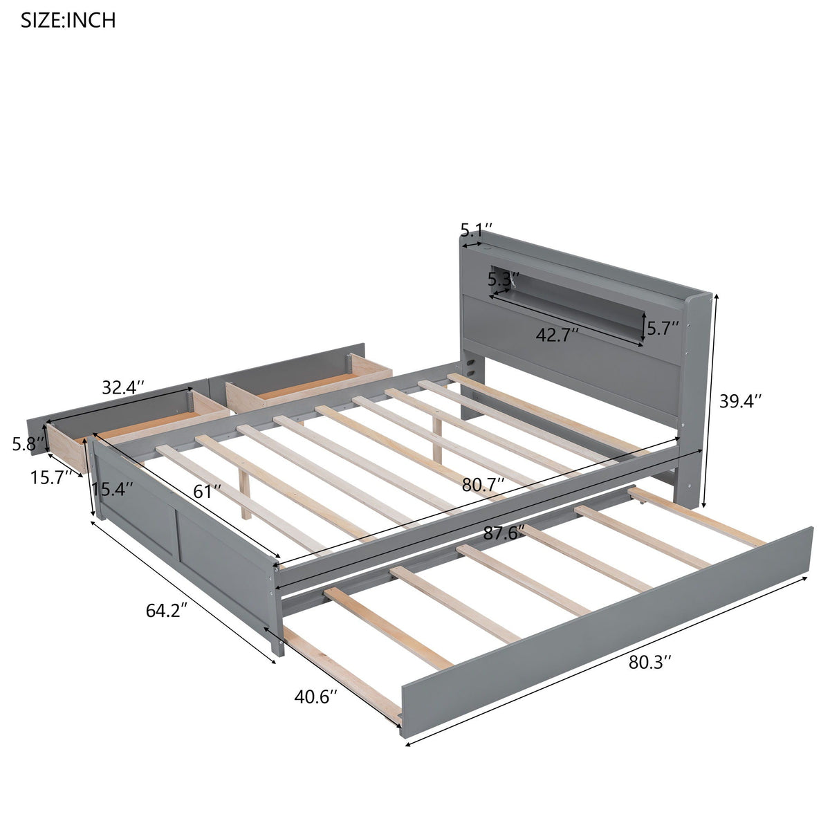 Storage Platform Bed With LED Lights, 2 Drawers And Trundle