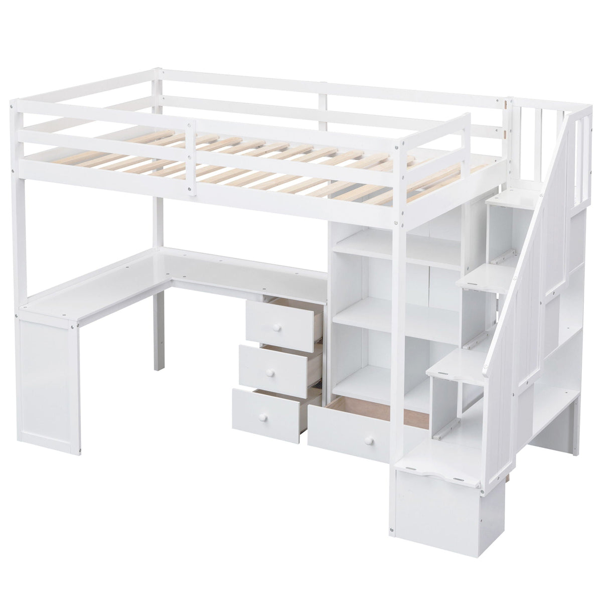 Loft Bed With L Shaped Desk, Drawers, Cabinet, And Storage Staircase