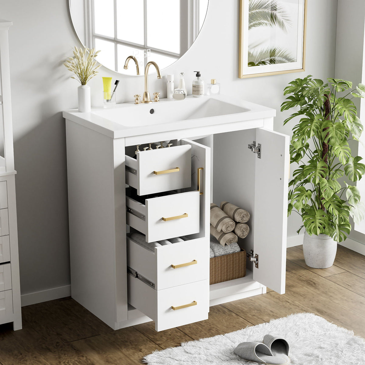 Ceramic Sink Combo, Freestanding Vanity Set With 3 Drawers & Soft Closing Doors
