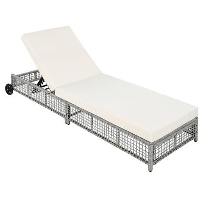 Outdoor Lounge Chair, Patio Chaise Lounge with 5-Position Backrest, Rattan Outdoor Lounge Chair with Cushion and Wheels for Poolside, Backyard, Garden