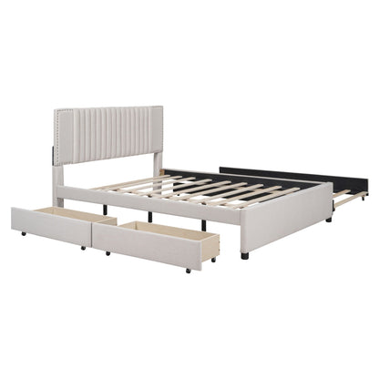 Upholstered Platform Bed With Drawers, Classic Headboard Design