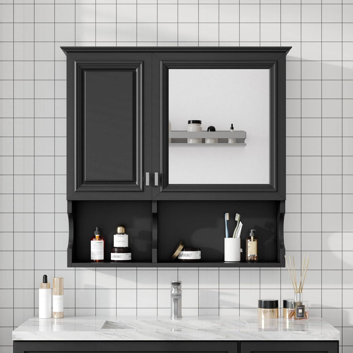 Wall Mounted Mirror Medicine Cabinet, Bathroom Storage With Doors And Open Shelves