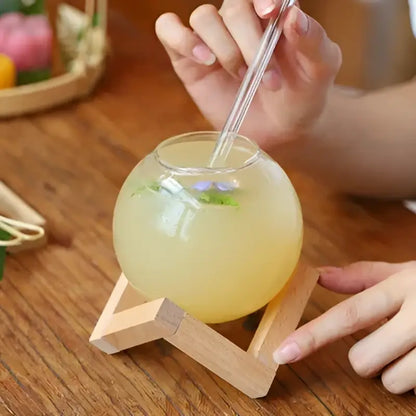Ball shape coffee juice cocktail glass with straw dining room decor
