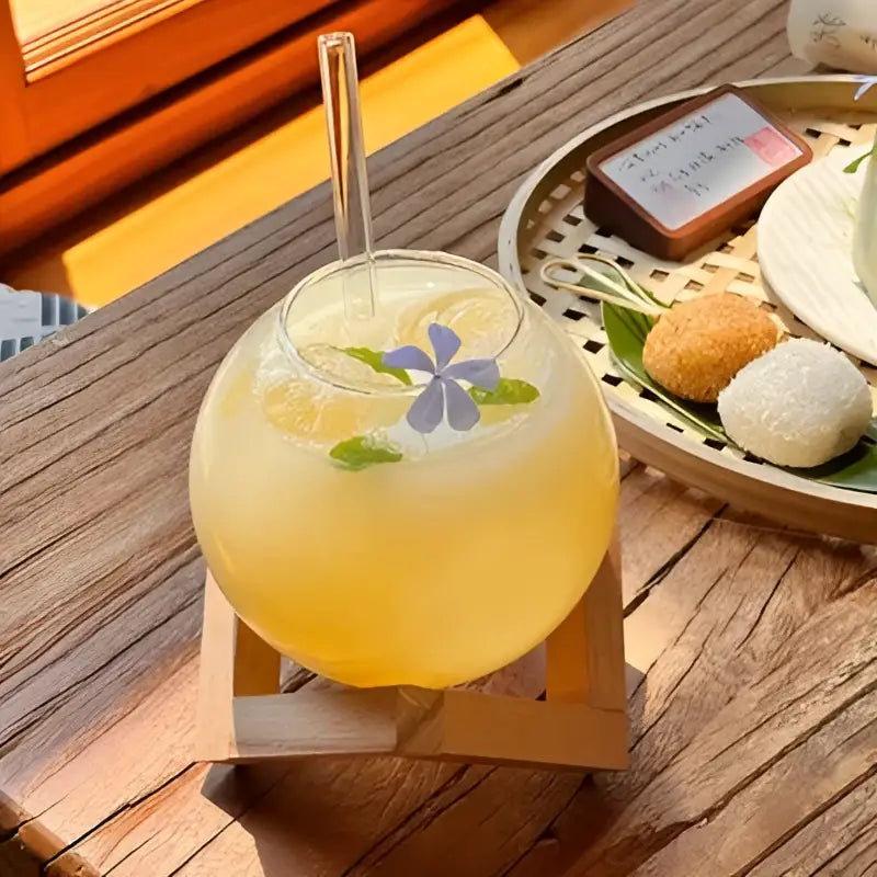 Ball shape coffee juice cocktail glass with straw dining room decor
