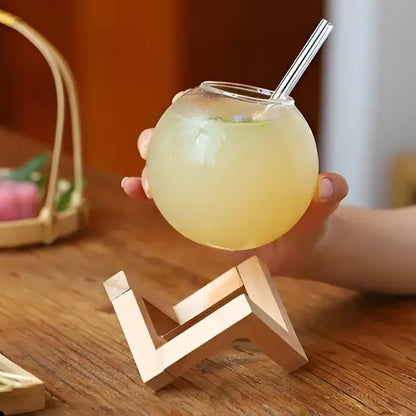 Ball shape coffee juice cocktail glass with straw dining room decor