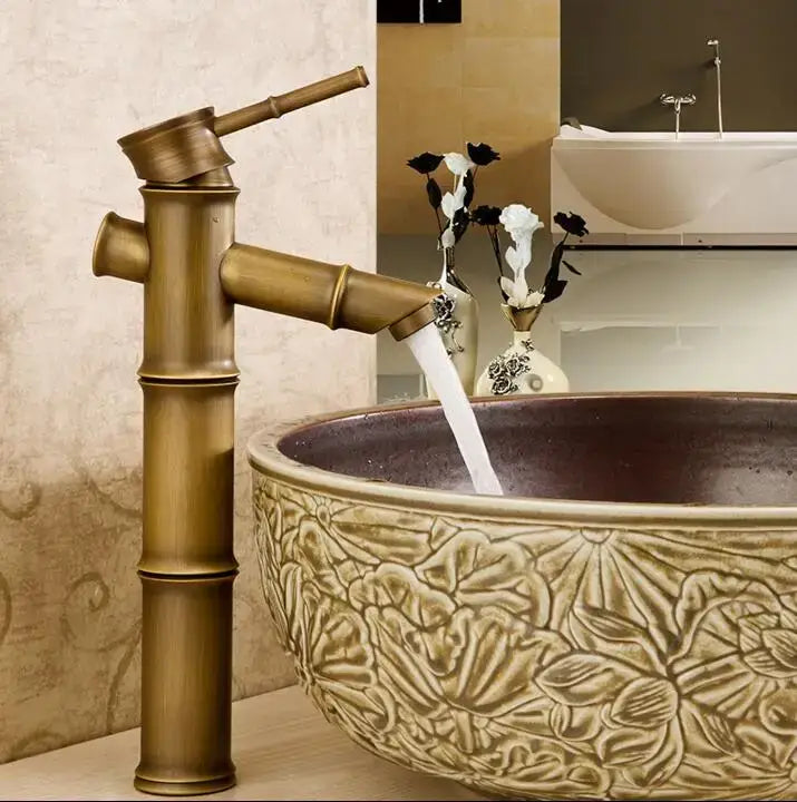 Bamboo antique brass & black basin mixer tap bathroom faucet